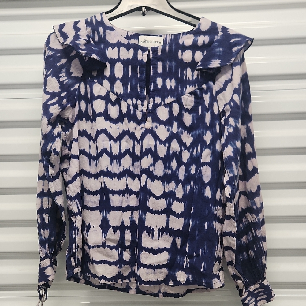 Antik Batik Women's Blue and Lilac Cotton Ruffle Blouse Shirt Sz S/38